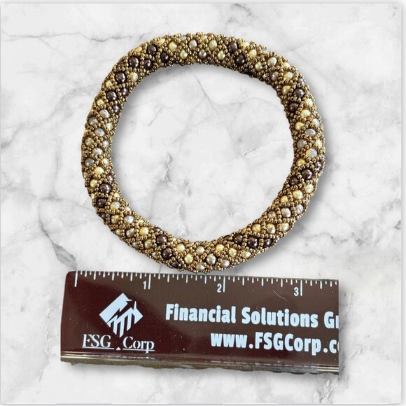 Peyote Stitch Bangle Bracelet  Swarovski Pearls Brown/Cream and  beads - Picture 2 of 4